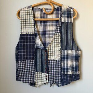 Vintage Blue Plaid Patchwork Vest Women's Large